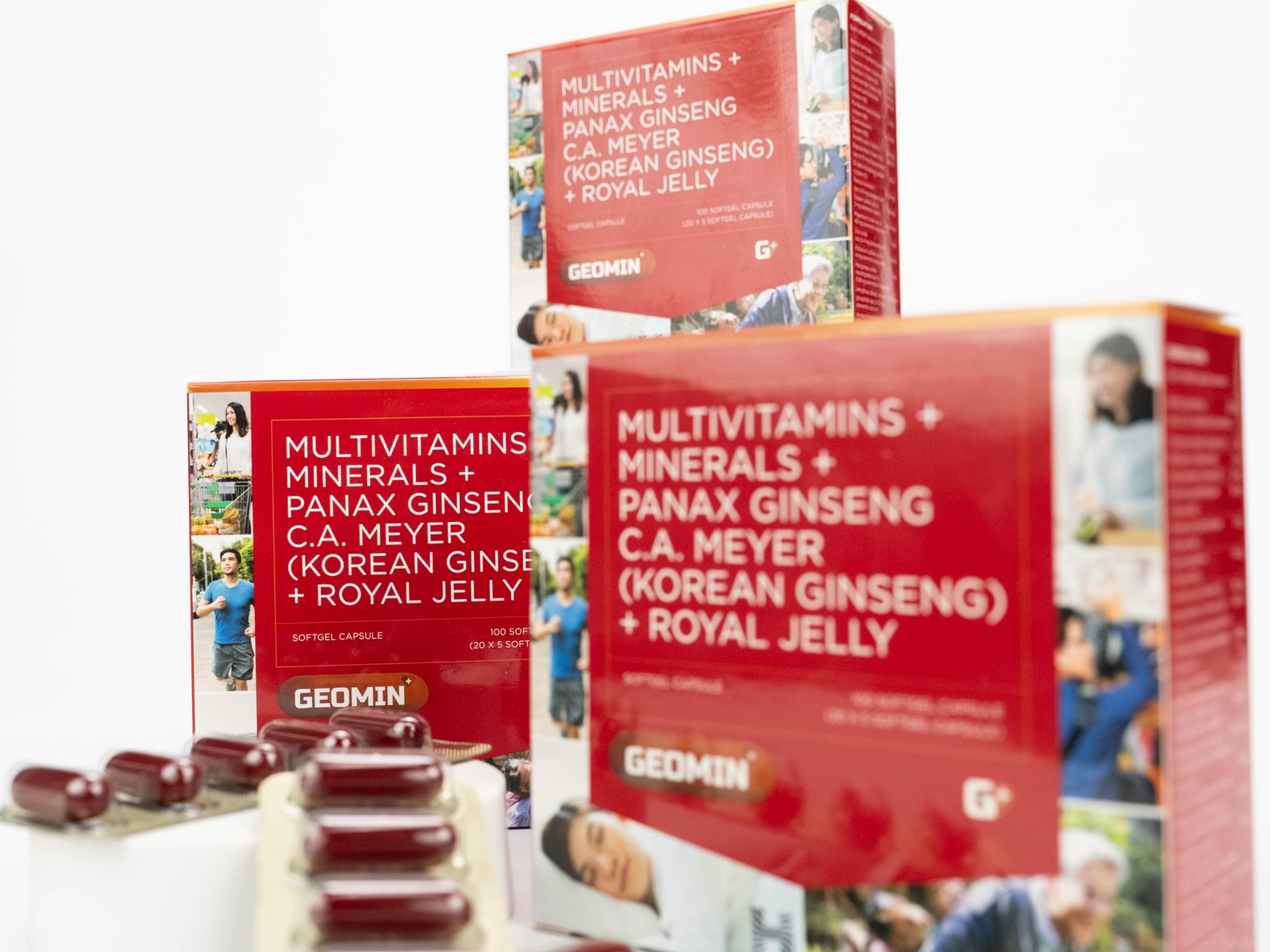 Geomin boxes with blister strips of red softgel capsules