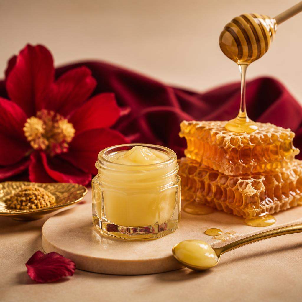 Jar of golden royal jelly beside honeycomb and honey